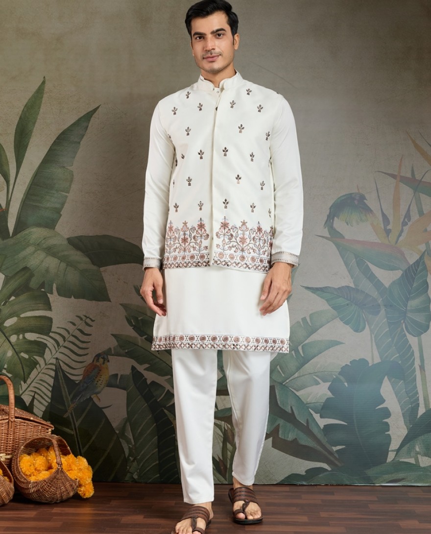 61103-WHITE  - Ivory Embroidered Kurta Set for Men
